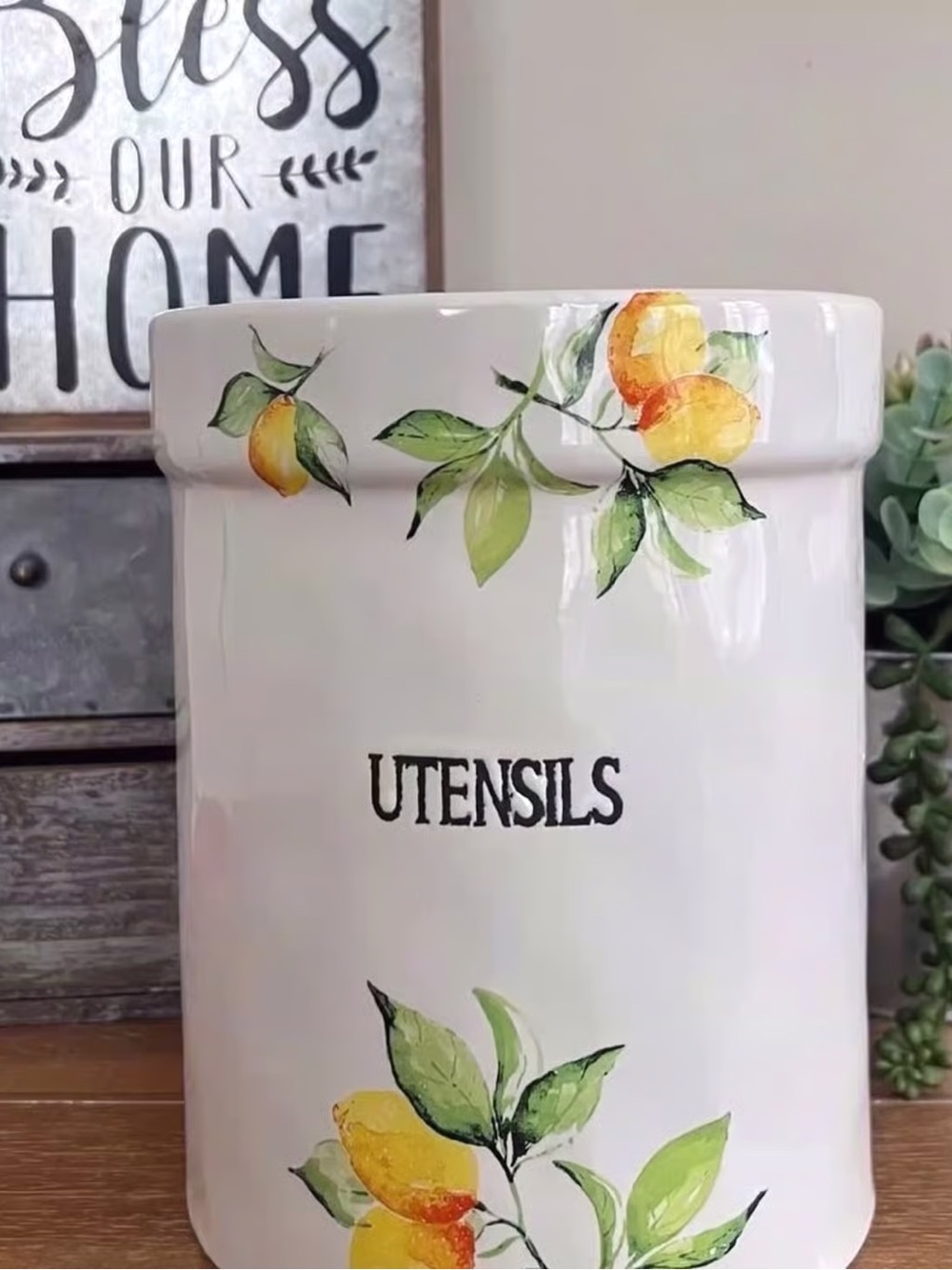 New Ceramic Farmhouse Lemons Utensil Crock
